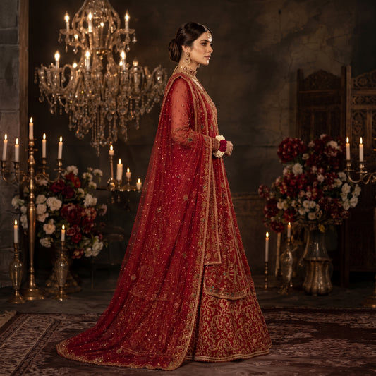 Dhalia by Asima Abrar - Scarlet Red Net Front-Open Shirt with Heavy Jaal Embroidery and Banarsi Lehnga