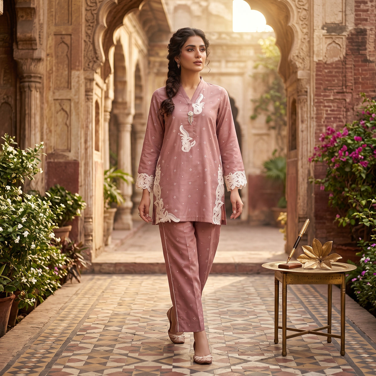 Asima Abrar Flamingo Pink Cotton Overlap Shirt with Loose Pants and Cutwork Detailing