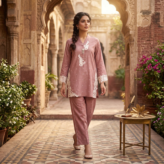 Asima Abrar Flamingo Pink Cotton Overlap Shirt with Loose Pants and Cutwork Detailing