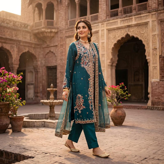 Asima Abrar Teal Green Pure Sheesha Silk Open-Style Shirt with Straight Pants and Kamdani Dupatta