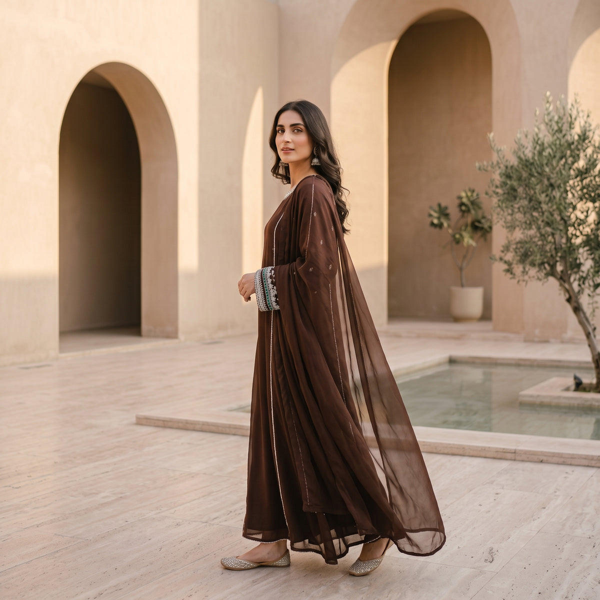 Brown Georgette Embellished Kaftan
