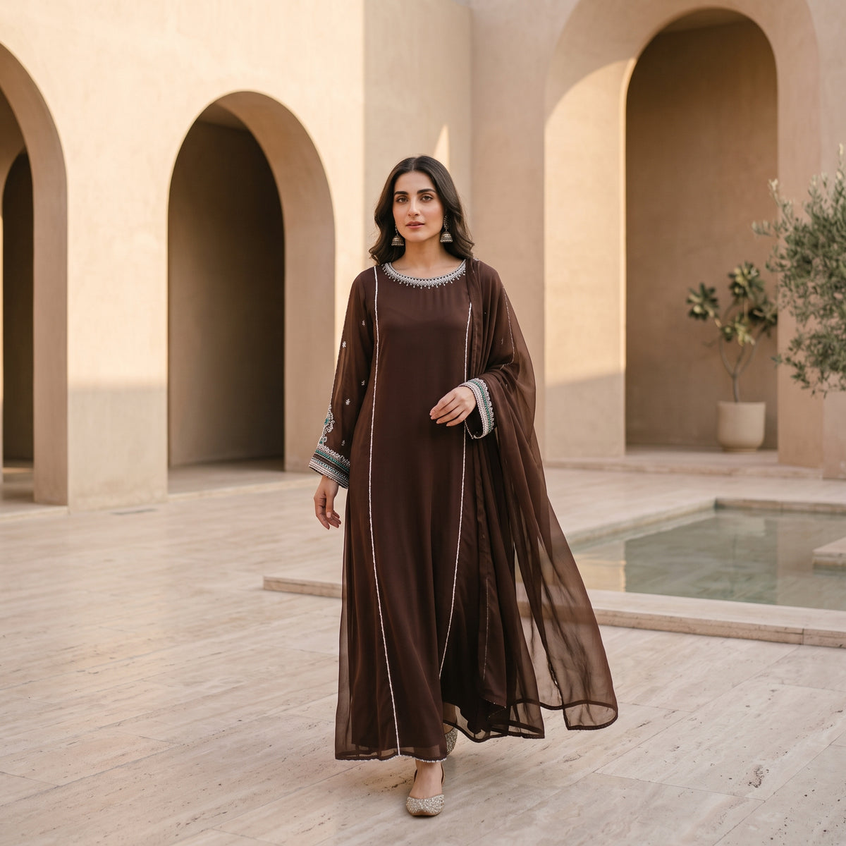 Brown Georgette Embellished Kaftan