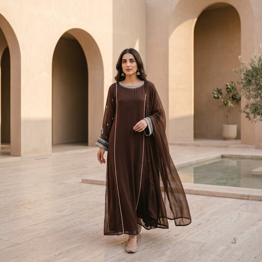 Brown Georgette Embellished Kaftan