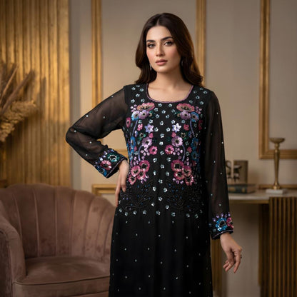 Bhaagi by Asima Abrar - Black Pure Sheesha Silk Shirt with Multicolored Sequins and Moti Work