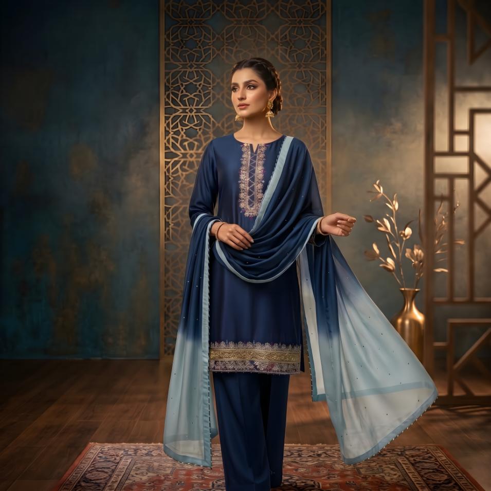 Blue Short Zaria by Asima Abrar - Royal Blue Pure Sheesha Silk Short Shirt with Dhaka Pants