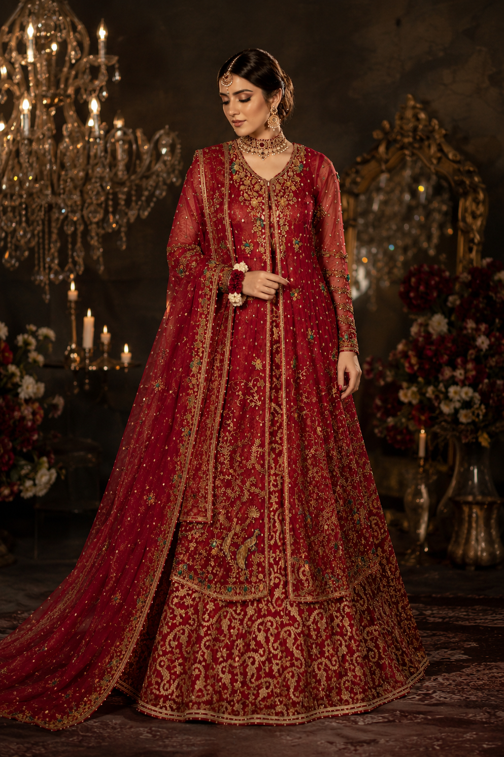 Dhalia by Asima Abrar - Scarlet Red Net Front-Open Shirt with Heavy Jaal Embroidery and Banarsi Lehnga