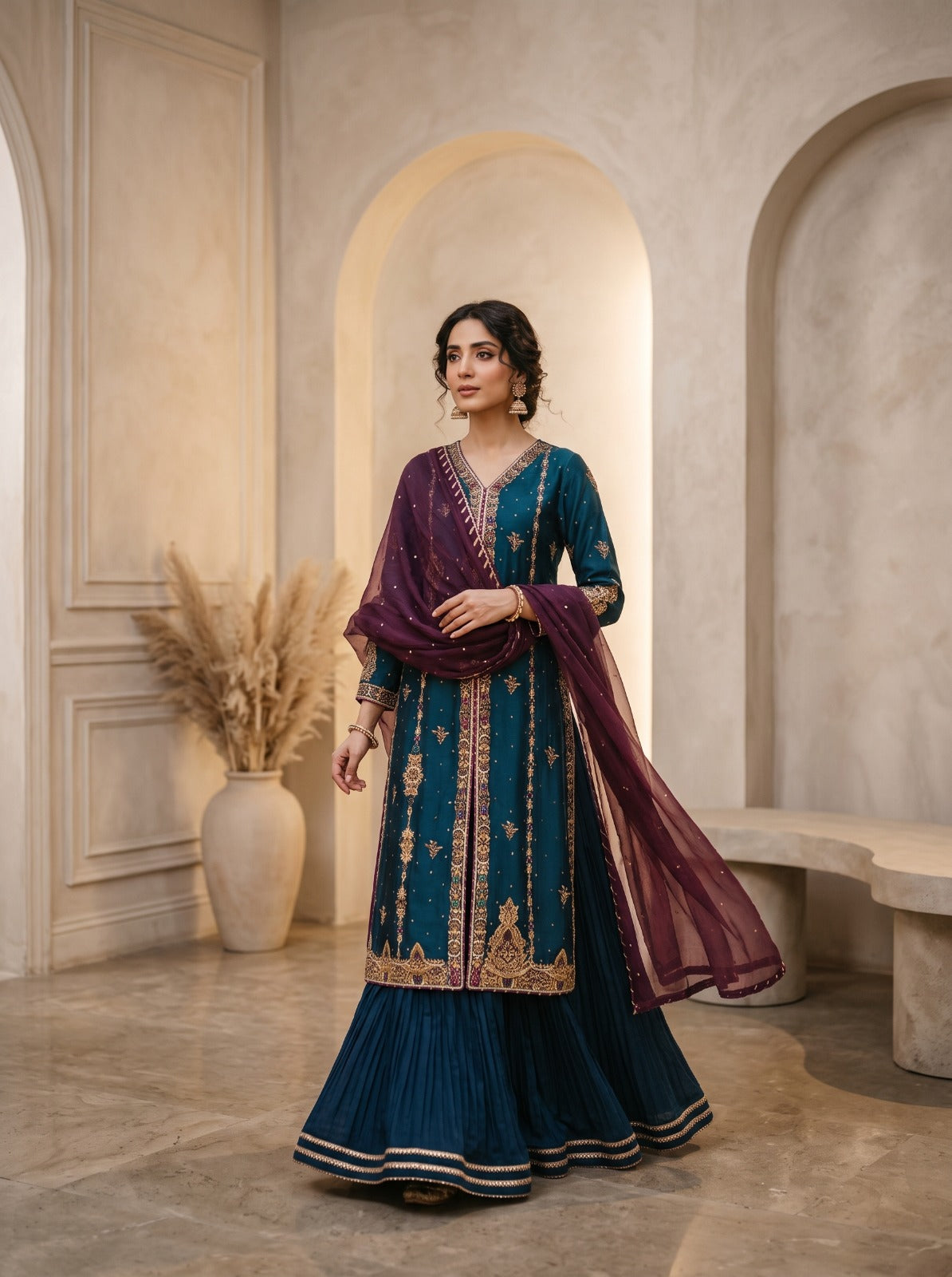 Elowen by Asima Abrar - Teal Green Sheesha Silk Front-Open Long Shirt with Crushed Silk Lehnga and Magenta Dupatta