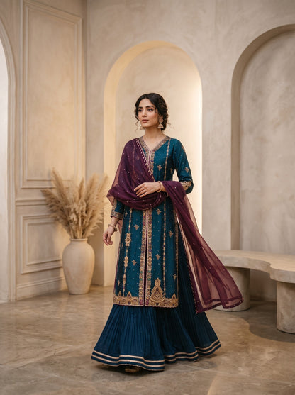 Elowen by Asima Abrar - Teal Green Sheesha Silk Front-Open Long Shirt with Crushed Silk Lehnga and Magenta Dupatta