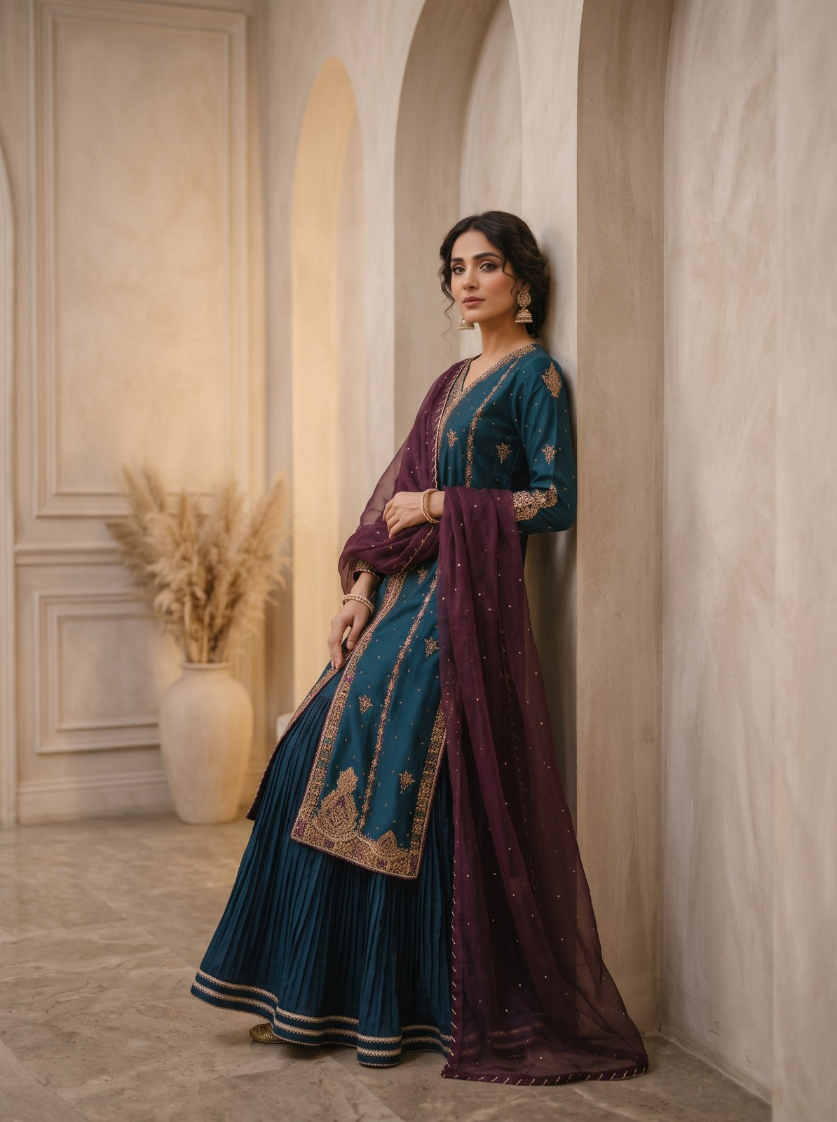 Elowen by Asima Abrar - Teal Green Sheesha Silk Front-Open Long Shirt with Crushed Silk Lehnga and Magenta Dupatta