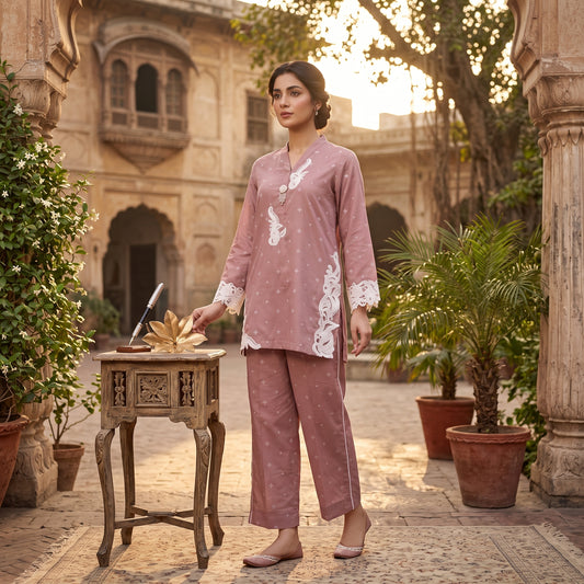 Asima Abrar Flamingo Pink Cotton Overlap Shirt with Loose Pants and Cutwork Detailing