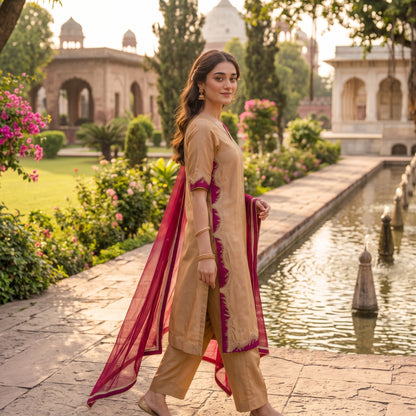 Asima Abrar Golden Brown Sheesha Silk Ensemble with Gotta Wire Work