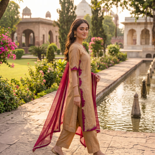 Asima Abrar Golden Brown Sheesha Silk Ensemble with Gotta Wire Work
