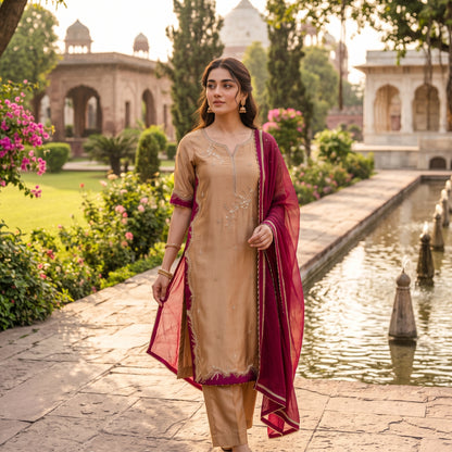 Asima Abrar Golden Brown Sheesha Silk Ensemble with Gotta Wire Work