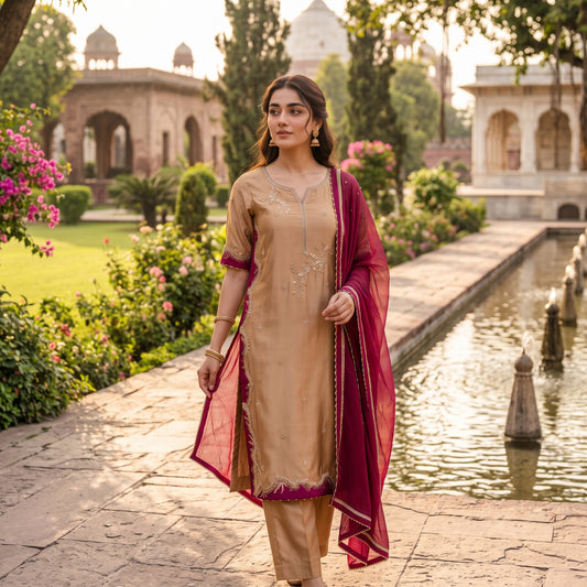 Asima Abrar Golden Brown Sheesha Silk Ensemble with Gotta Wire Work