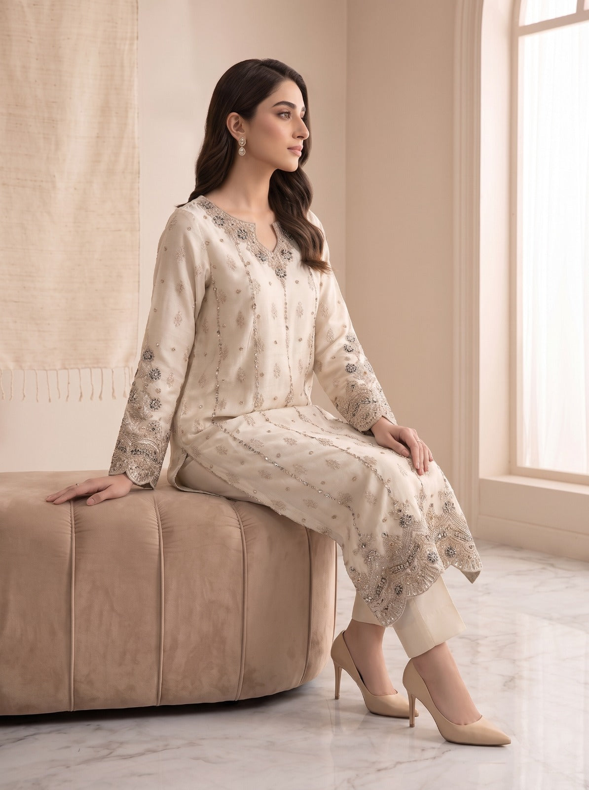 Liona by Asima Abrar - Ivory Self-Sheesha Silk Long Straight Shirt with Gold Zari and Organza Dupatta