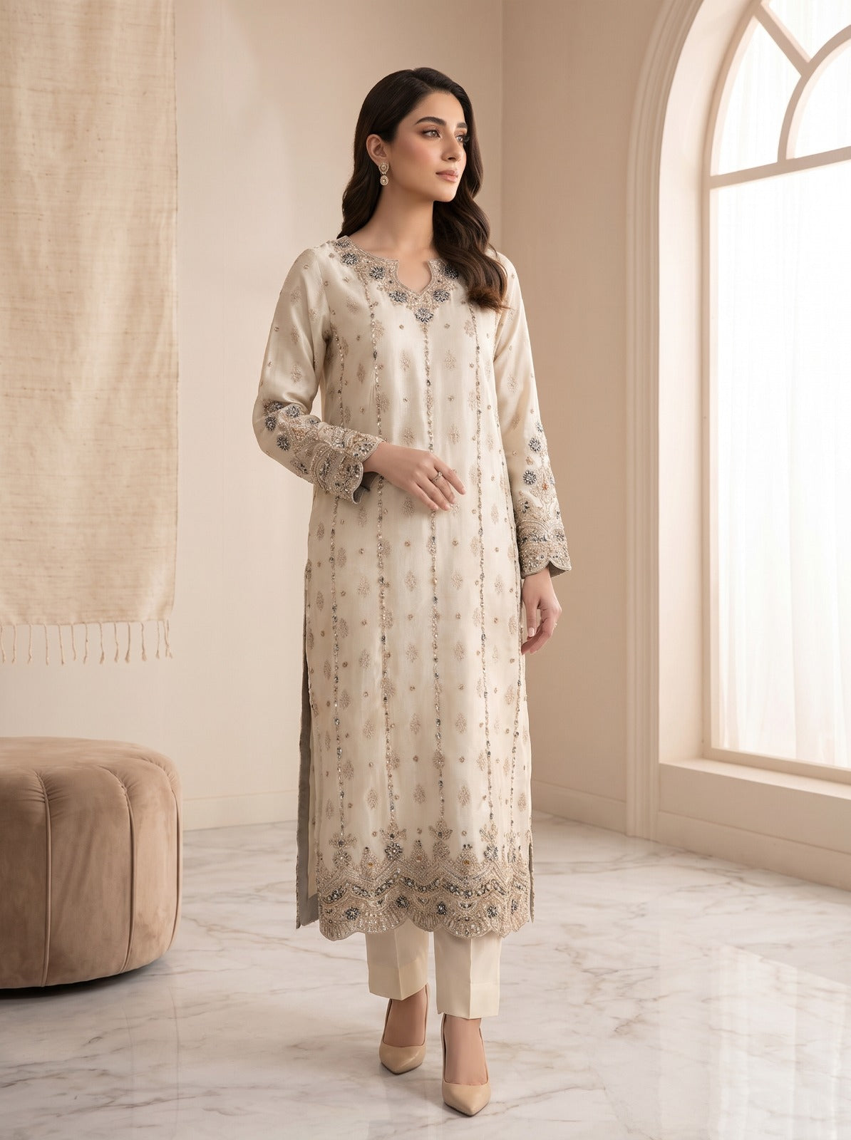 Liona by Asima Abrar - Ivory Self-Sheesha Silk Long Straight Shirt with Gold Zari and Organza Dupatta