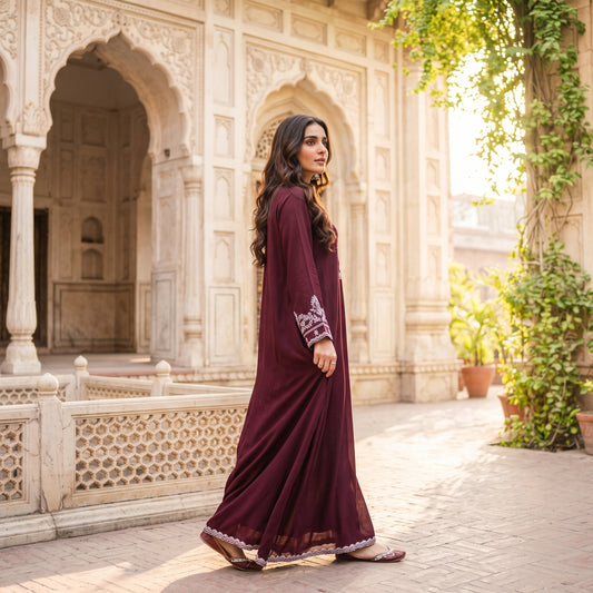 Asima Abrar Magenta Purple Georgette Kaftan with Ferozi Resham Embroidery