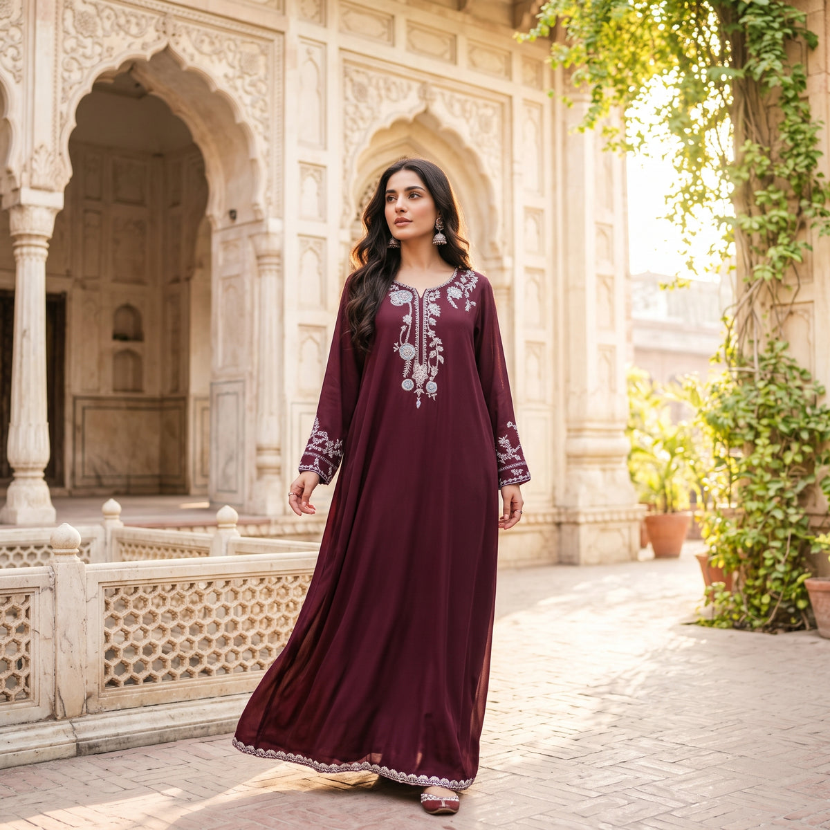 Asima Abrar Magenta Purple Georgette Kaftan with Ferozi Resham Embroidery