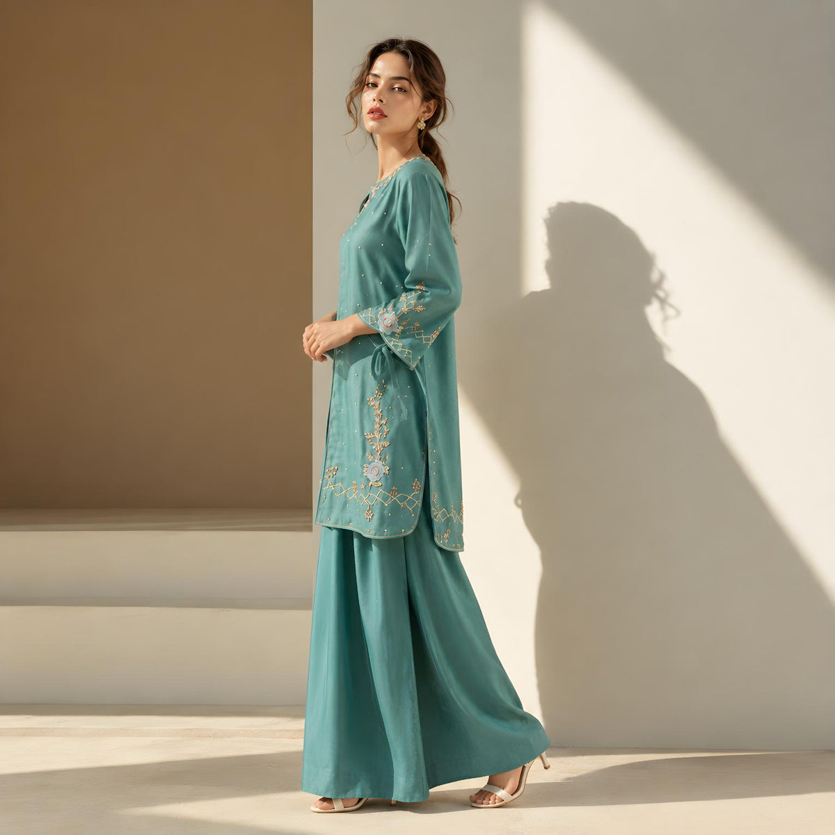 Nymal by Asima Abrar - Sea Green Pure Sheesha Silk Front-Open Short Shirt with Trousers