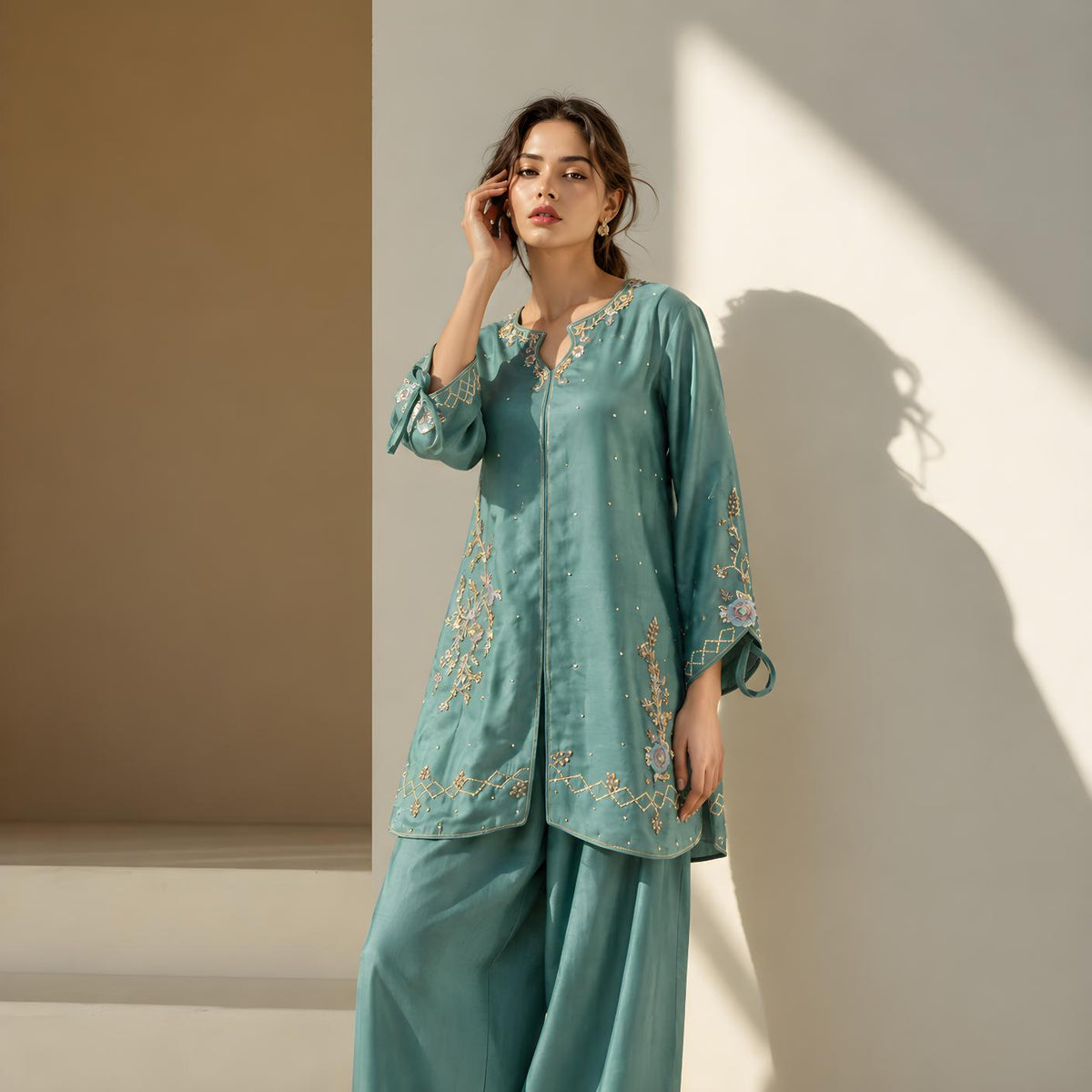 Nymal by Asima Abrar - Sea Green Pure Sheesha Silk Front-Open Short Shirt with Trousers