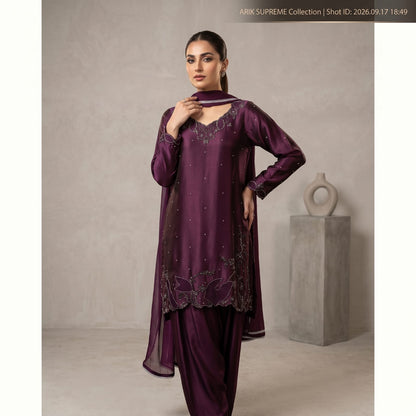 Orchid by Asima Abrar - Deep Plum Pure Sheesha Silk Short Shirt and Shalwar with Cutdana Work