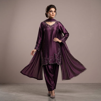 Orchid by Asima Abrar - Deep Plum Pure Sheesha Silk Short Shirt and Shalwar with Cutdana Work