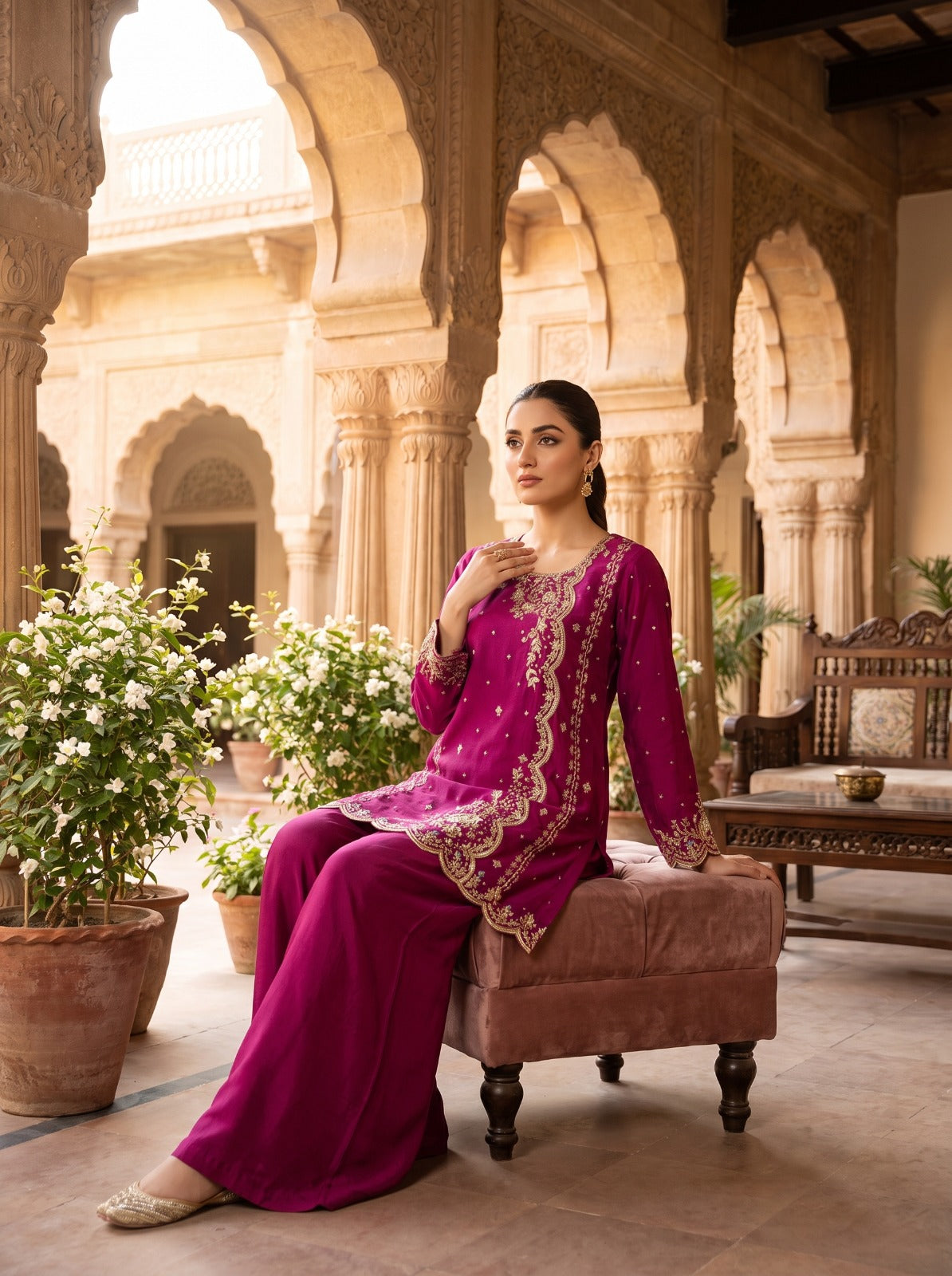 Pershia by Asima Abrar - Dark Fuchsia Pink Russian Silk Angrakha Short Shirt with Silk Dhaka Pants and Kamdani Dupatta