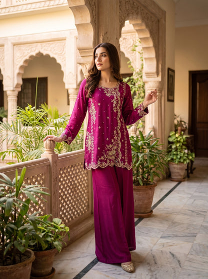 Pershia by Asima Abrar - Dark Fuchsia Pink Russian Silk Angrakha Short Shirt with Silk Dhaka Pants and Kamdani Dupatta