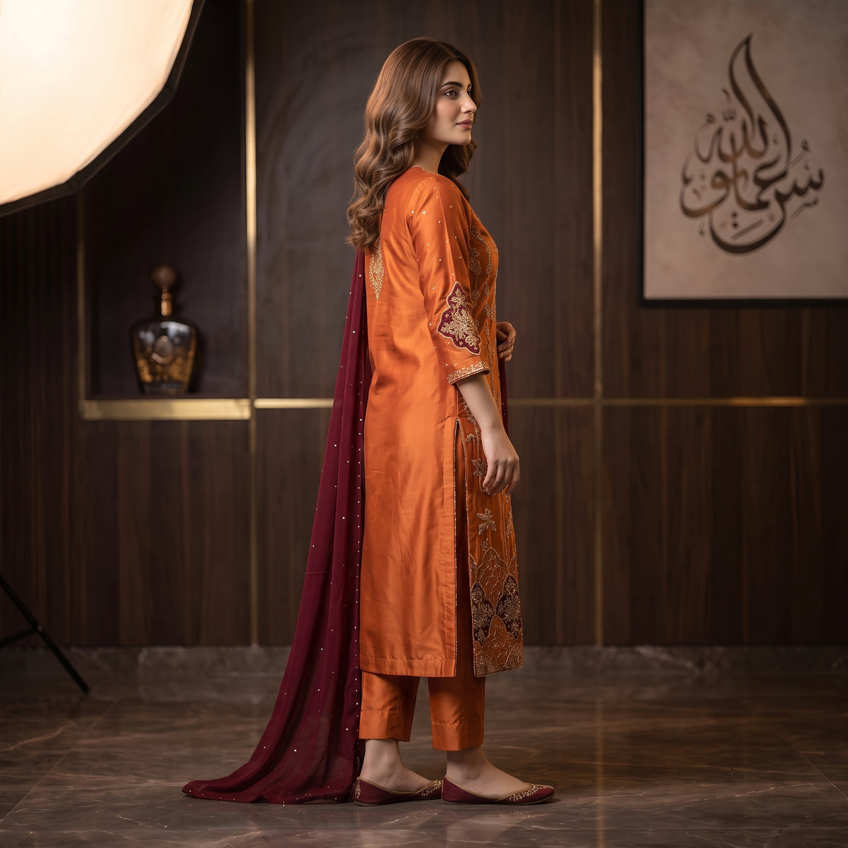 Asima Abrar Rust Pure Sheesha Silk Ensemble with Antique Gold and Appliqué Work