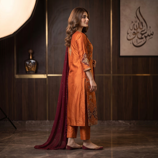 Asima Abrar Rust Pure Sheesha Silk Ensemble with Antique Gold and Appliqué Work