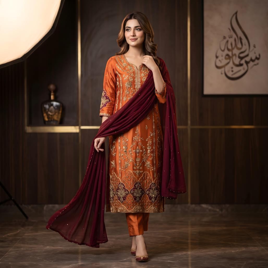 Asima Abrar Rust Pure Sheesha Silk Ensemble with Antique Gold and Appliqué Work