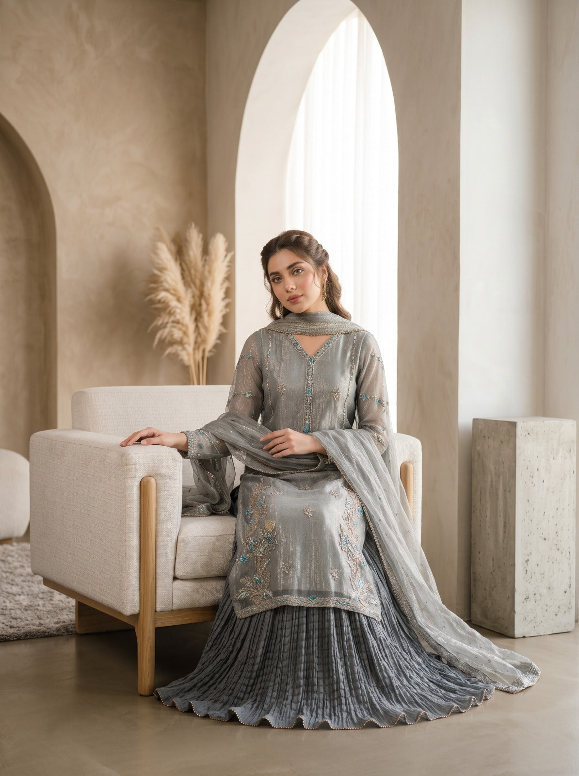 Selena by Asima Abrar - Dusty Blue Net Shirt with Crushed Lehnga and Masuri Net Kamdani Dupatta