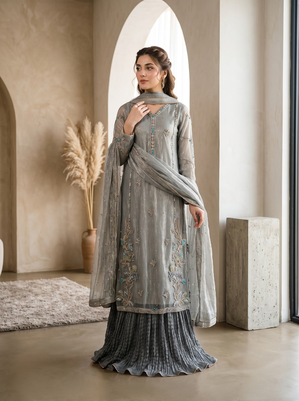 Selena by Asima Abrar - Dusty Blue Net Shirt with Crushed Lehnga and Masuri Net Kamdani Dupatta