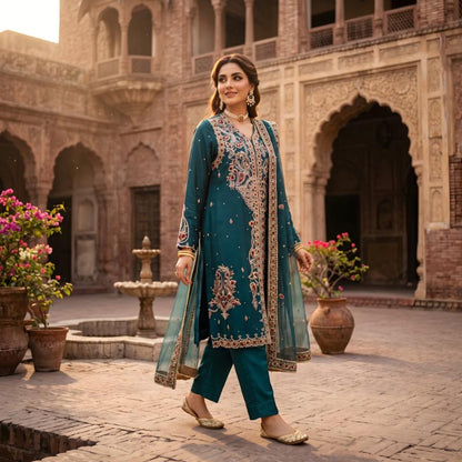 Asima Abrar Teal Green Pure Sheesha Silk Open-Style Shirt with Straight Pants and Kamdani Dupatta