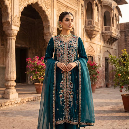 Asima Abrar Teal Green Pure Sheesha Silk Open-Style Shirt with Straight Pants and Kamdani Dupatta