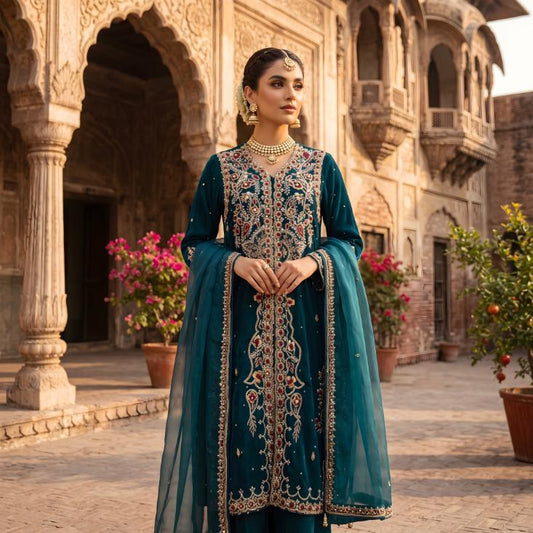 Asima Abrar Teal Green Pure Sheesha Silk Open-Style Shirt with Straight Pants and Kamdani Dupatta