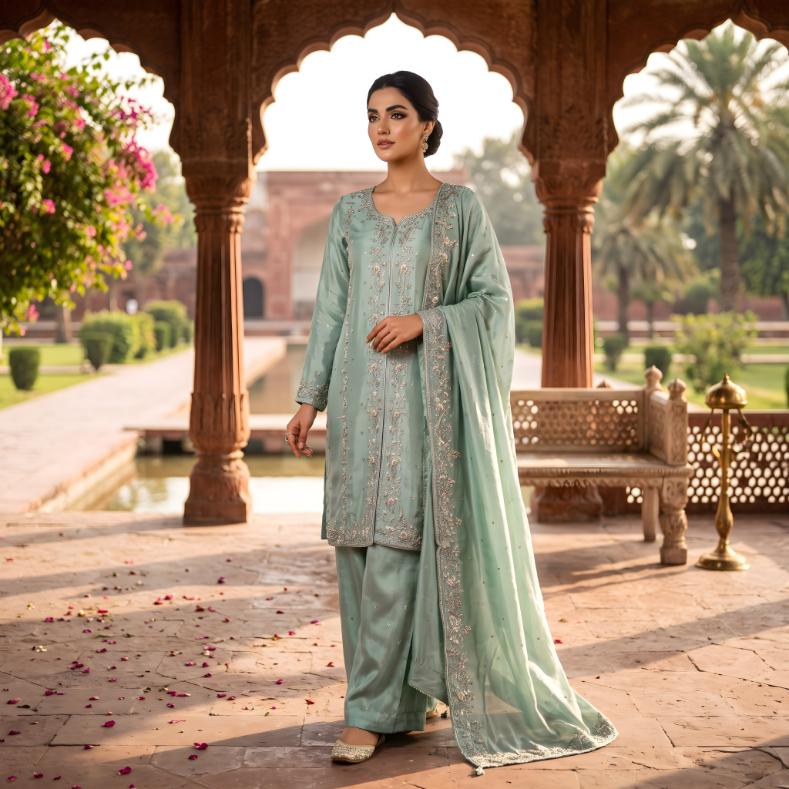Asima Abrar Turquoise Blue Pure Sheesha Silk Short Shirt with Dhaka Pants and Kora Dabka Work
