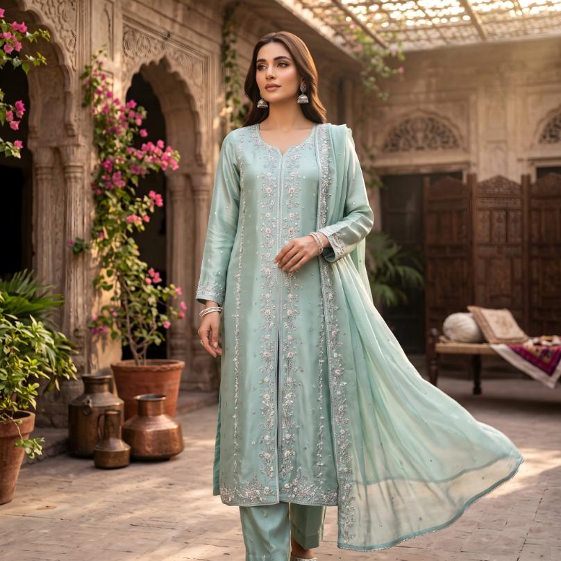 Asima Abrar Turquoise Blue Pure Sheesha Silk Short Shirt with Dhaka Pants and Kora Dabka Work