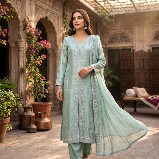 Asima Abrar Turquoise Blue Pure Sheesha Silk Short Shirt with Dhaka Pants and Kora Dabka Work